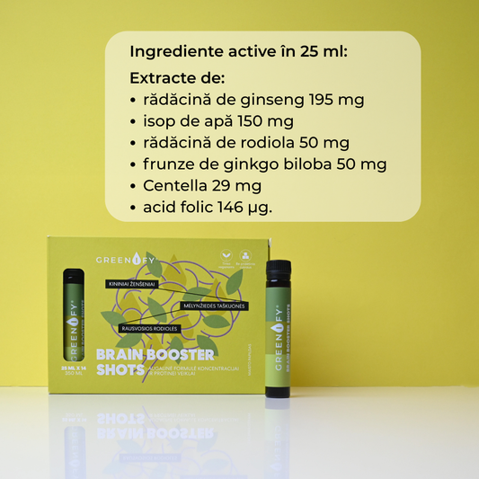 Greenify Brain Booster shots pentru îmbunătățirea memoriei, concentrare și performanță mentală, 14 fiole