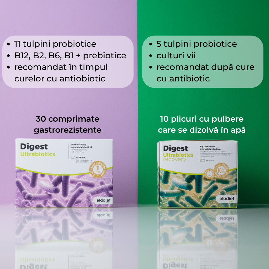 Comparație Digest Ultrabiotics vs Digest Ultrabiotics Recovery.
11 tulpini comprimate gastrorezistente pentru timpul curei cu
antibiotic vs 5 tulpini plicuri pulbere recomandate după cura
cu antibiotic