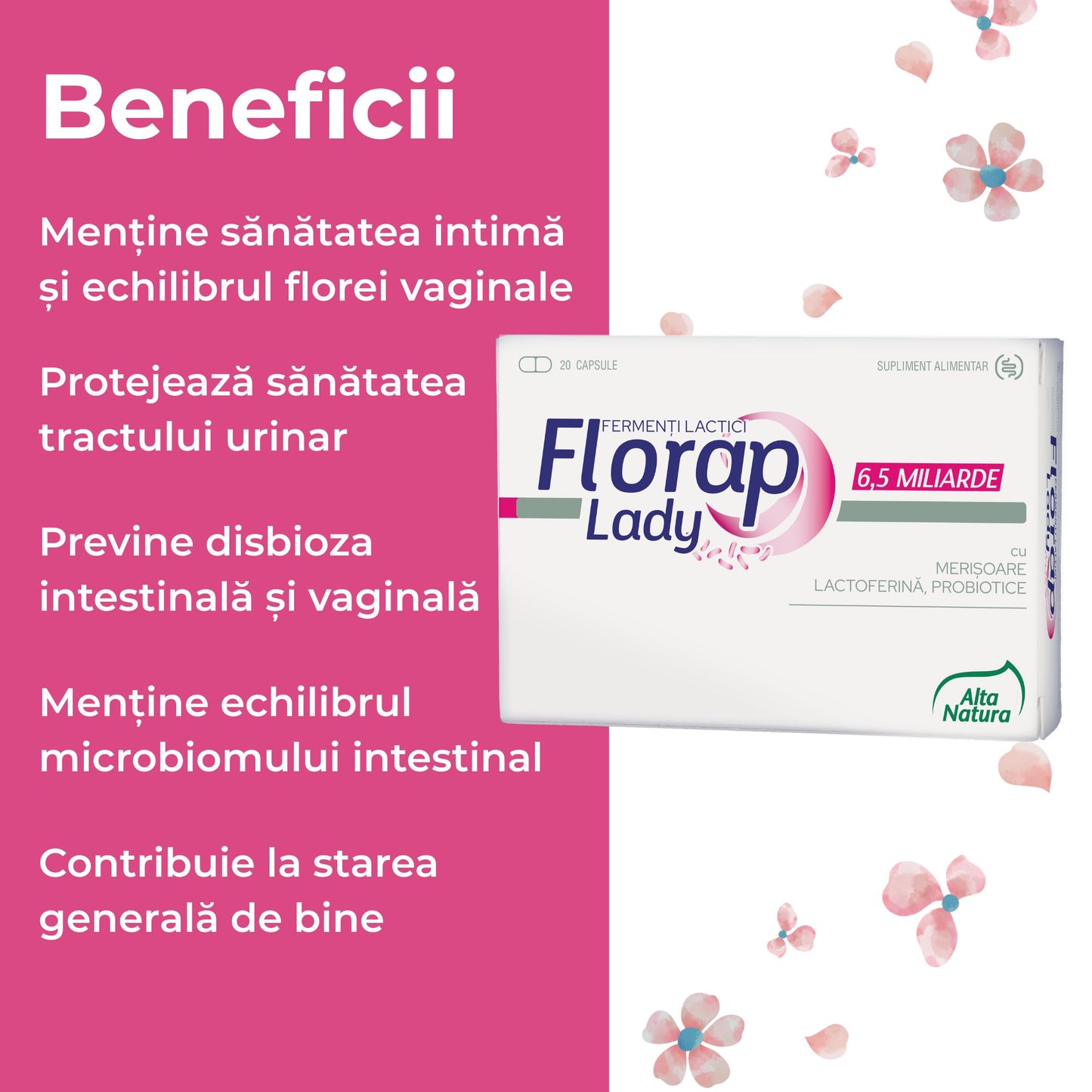 Probiotice și Prebiotice Florap Lady - Sănătate Intimă și Flora Vaginală, 20 Capsule