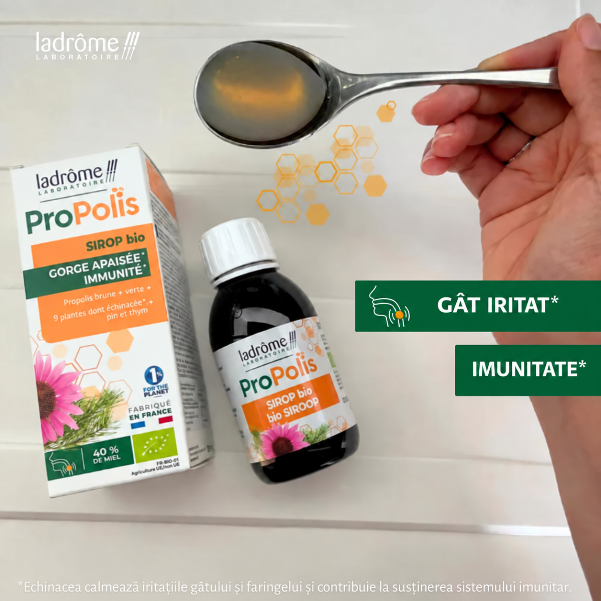Sirop Propolis Bio Ladrôme – 9 plante medicinale bio pentru gât iritat, căile respiratorii și imunitate