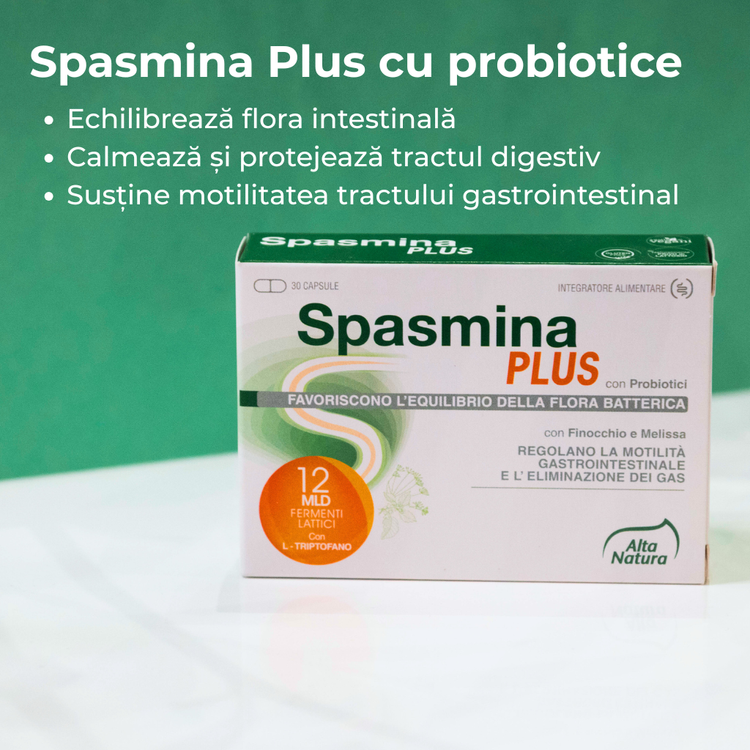 Spasmina PLUS pentru susținerea digestiei, tranzitului intestinal și eliminarea gazelor