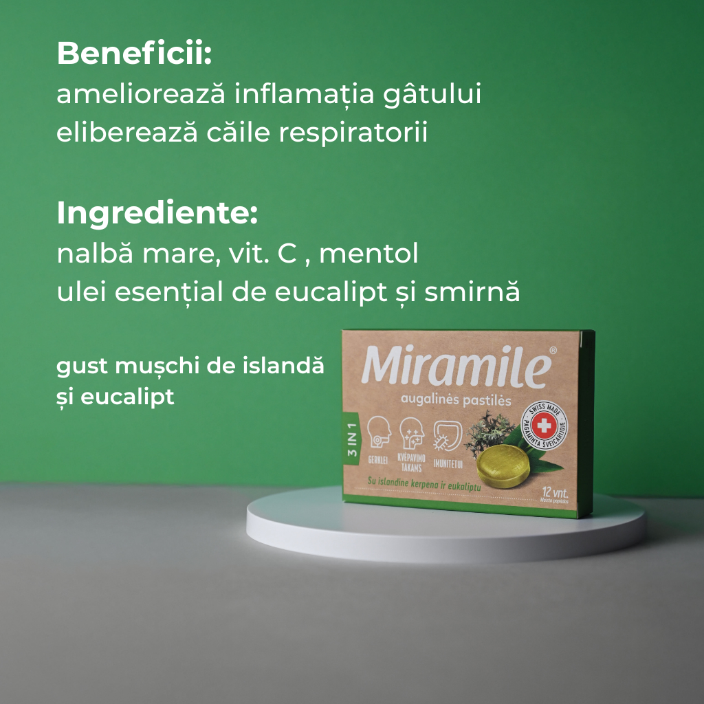 Miramile gust de mușchi de islandă și eucalipt Tablete pentru gât, tractul respirator, imunitate