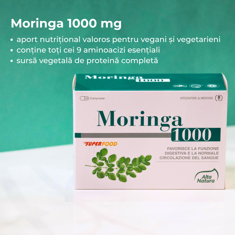 Moringa 1000- Supliment alimentar pentru digestie, circulație sanguină, echilibru metabolic, restabilirea energiei