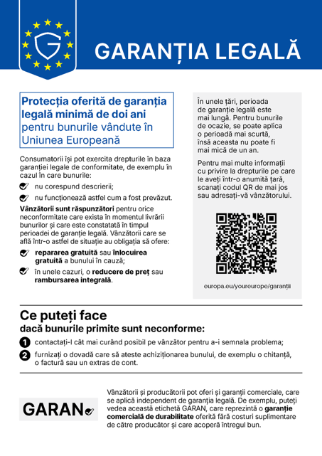 Notificarea armonizată a Uniunii Europene privind garanția legală de conformitate: bunurile vândute în UE beneficiază de o garanție legală de minimum doi ani, iar vânzătorul răspunde pentru orice neconformitate existentă la livrare.